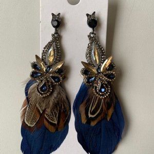 Express Blue Rhinestone Feather Earrings New